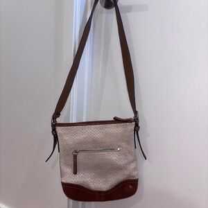 Vintage Coach Signature Canvas Crossbody Shoulder Bag Brown Leather Trim